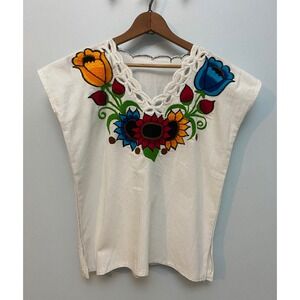 Mexican Floral Embroidered Linen‎ Top Traditional Folk Sleeveless/Cap Slv sz S
